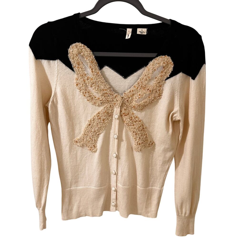 MOTH Anthropologie Coquette "Precious Materials" Cardigan Bow, size S